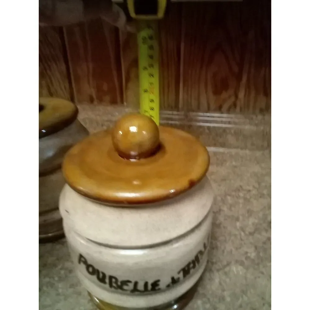 poubelle de table Vintage Beige Brown Pottery Canister Jar Set